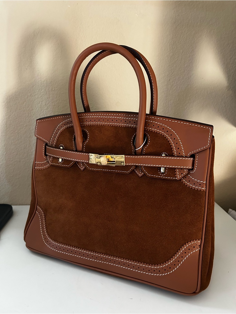 30cm Suede & Leather Cognac Top Handle Satchel Lace Pattern